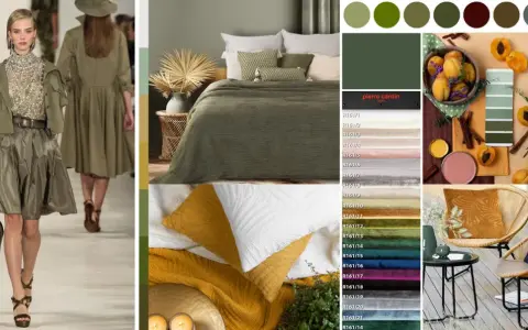 Kolekcja inspiracji w odcieniach **koloru khaki**: od mody, przez tekstylia domowe, po palety barw.