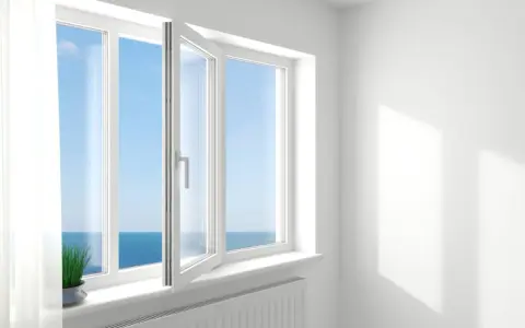 Ventanas oscilobatientes con vista al mar. Una planta verde decora el alféizar.