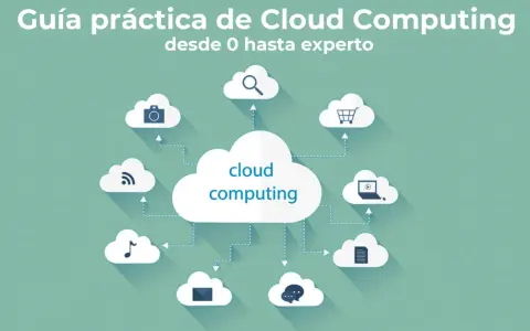 Diagrama que explica que es el cloud computing, con una nube central conectada a otras nubes con iconos de cámara, carrito, portátil, documento, chat, música y wifi.