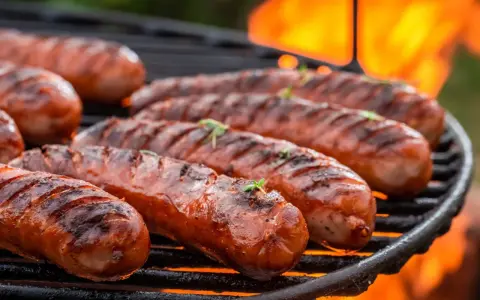 Kiełbaski śląskie grillowane na ruszcie z płomieniami w tle.