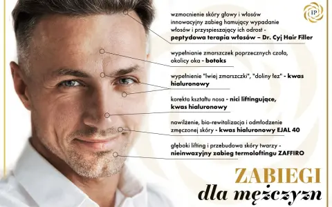 Mężczyzna z zaznaczonymi obszarami twarzy, wskazującymi na zabiegi dla mężczyzn: botoks, kwas hialuronowy, nici liftingujące, terapia włosów.