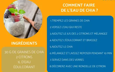 Verre de **eau de chia** avec fruits rouges et menthe. Recette expliquée en 8 étapes. Ingrédients : graines de chia, citrons, eau, édulcorant.