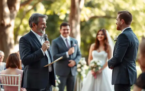 Un hombre con micrófono lee textos para leer en una boda a los novios, quienes sonríen.