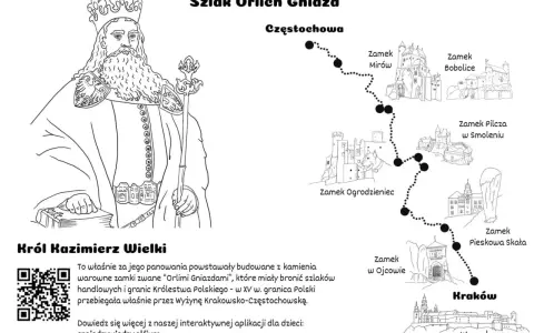 Król Kazimierz Wielki zaprasza na szlak Orlich Gniazd. Trasa prowadzi przez malownicze zamki Wyżyny Krakowsko-Częstochowskiej.