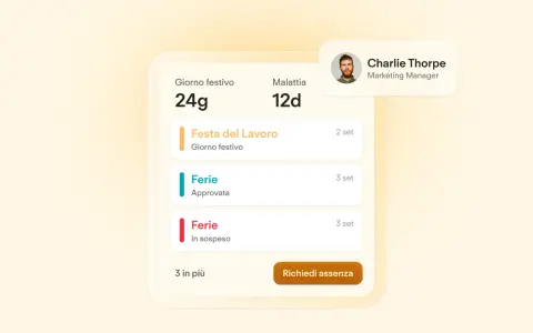 Schermata di gestione ferie e assenze di Charlie Thorpe. Durante il congedo parentale si maturano le ferie, come indicato dalle voci "Ferie Approvata" e "Ferie In sospeso".