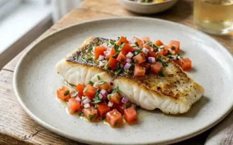 Filet de poisson poêlé garni d'une sauce vierge gastronomique fraîche et colorée, à base de tomates et d'oignons rouges.