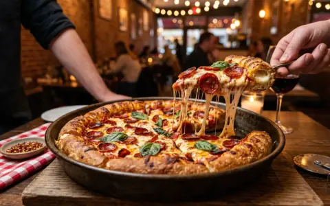Gorąca pizza farmerska z ciągnącym się serem i pepperoni, serwowana w przytulnej restauracji. Idealna na wieczór w stylu Pizza Hut.