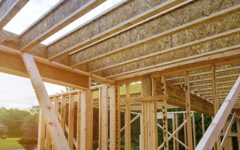 Estructura de madera de una casa en construcción, mostrando las partes de un apeo y vigas del techo.