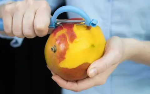 Hände schälen eine reife Mango mit einem blauen Sparschäler. Das Fruchtfleisch leuchtet gelb, während die Schale rot und gelb ist.