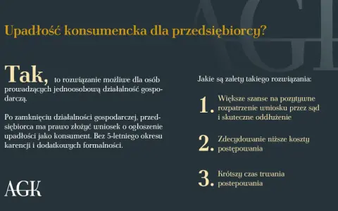 Upadłość konsumencka dla przedsiębiorcy to szansa na oddłużenie. Zalety to m.in. większe szanse na pozytywne rozpatrzenie wniosku i niższe koszty postępowania.