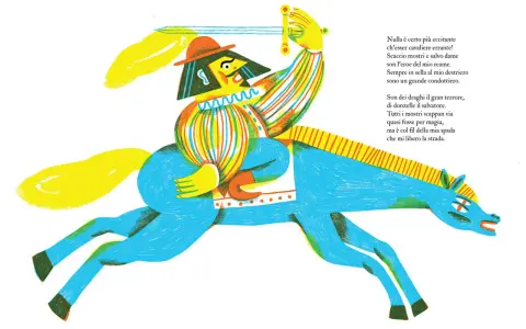 Un cavaliere errante, con spada alzata, cavalca un destriero blu. Il suo significato è l'eroe che scaccia mostri e salva dame.