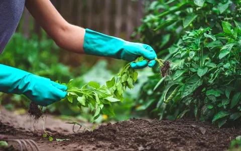 Manos enguantadas sacan con cuidado una planta con raíces del suelo, tarea esencial para quitar malas hierbas y cuidar el huerto.