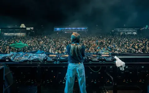 DJka na scenie, tłum ludzi na festiwalu techno Polska, unoszący się zielony aligator.