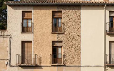 Fachadas de casas con monocapa: raspada, gota, piedra proyectada y fratasada. Muestran diferentes texturas y acabados.
