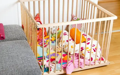 Ein bunter Spielteppich mit vielen Kuscheltieren und Kissen in einem Laufstall. Ja oder nein, diese sichere Spielzone für Babys?