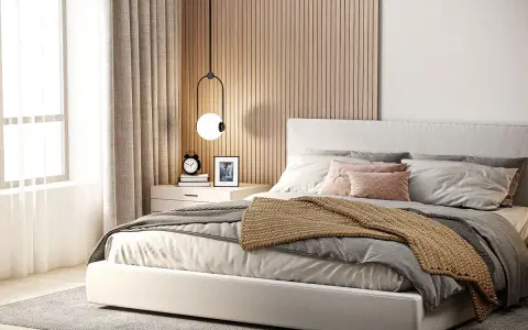 Moderna parete dietro letto matrimoniale con listelli in legno. Idee per un design accogliente.