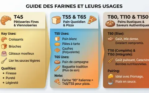 Guide des farines : la T150, idéale pour pains rustiques et saveurs authentiques, offre goût puissant et caractère. Parfaite avec fromages et plats en sauce.