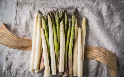 Frischer weißer und grüner Spargel auf Leinentuch. Der Spargelgeschmack ist bald bereit, genossen zu werden.