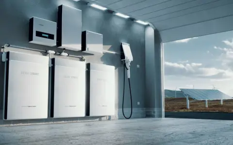 Nowoczesny magazyn energii do domu: panele słoneczne, turbiny wiatrowe i systemy akumulatorów litowo-jonowych zapewniające zrównoważone zasilanie.