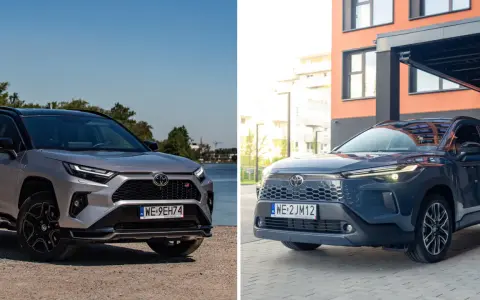 Dwa modele Toyota SUV: srebrny RAV4 GR Sport nad jeziorem i granatowy Corolla Cross przed nowoczesnym budynkiem.