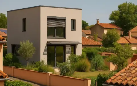 Maison moderne aux lignes épurées, exemple de construction maison passive. Jardin verdoyant et toits de tuiles environnants.