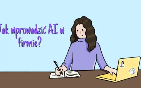 Kobieta pisze w zeszycie, obok laptop z naklejkami. Tekst pyta "Jak wprowadzić AI w firmie?". Nawet pryszcz w uchu nie przeszkadza w nauce.