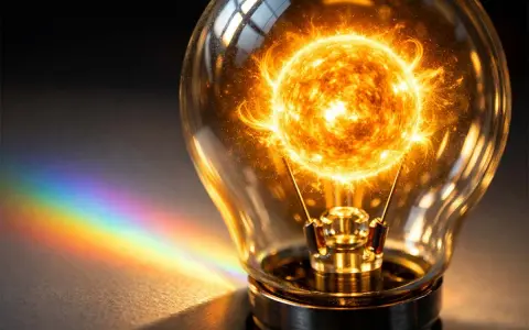 Une ampoule contenant le soleil, symbolisant l'intensité lumineuse formule. Un arc-en-ciel se reflète sur le côté.