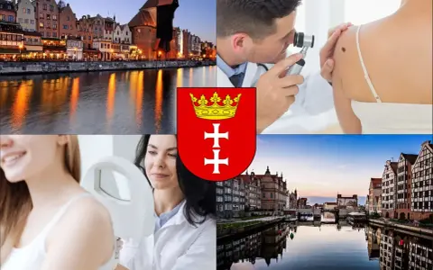 Gdański krajobraz, dermatolodzy badający znamiona, herb miasta.