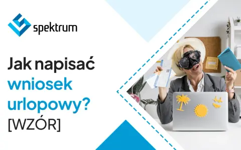 Kobieta w masce do nurkowania i kapeluszu trzyma bilety lotnicze i paszport, gotowa do wyjazdu. Obok laptop z wakacyjnymi naklejkami. Tekst: "Jak napisać wniosek urlopowy? [WZÓR]".