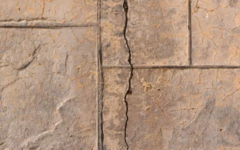 A prominent crack runs through a stamped concrete slab foundation, revealing sand and smaller fissures.
