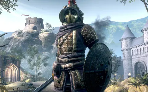 Guerrero con armadura dorada y escudo redondo, listo para la batalla en The Elder Scrolls: Blades.