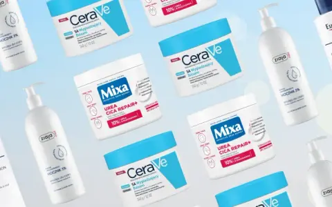 Jaki balsam do ciała wybrać? Na zdjęciu kosmetyki Eucerin, CeraVe, Mixa i Ziaja do pielęgnacji suchej skóry.