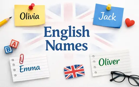 Olivia, Jack, Emma, Oliver – popularne angielskie imiona na tle flagi Wielkiej Brytanii.