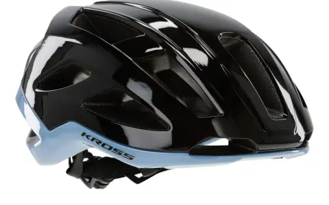 Czarny błyszczący kask rowerowy Kross z niebieskim akcentem, idealny na gravel. Zastanawiasz się, jaki kask na gravela wybrać? Ten model zapewni bezpieczeństwo i komfort.
