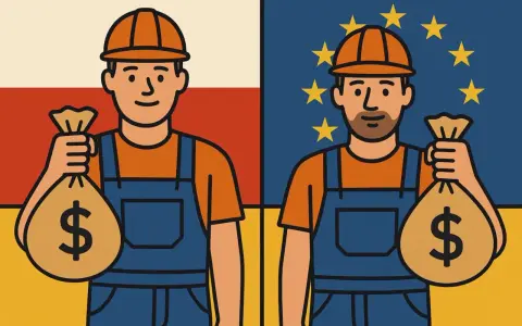 Dwóch pracowników w kombinezonach i kaskach trzyma worki z pieniędzmi na tle flag Polski i UE.