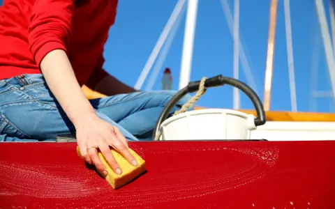 Maintenant, on apprend comment laver une coque de bateau. Une main savonneuse frotte la surface rouge avec une éponge jaune.