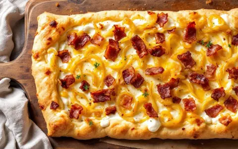 Flammekueche gourmande avec sa crème onctueuse, oignons caramélisés et lardons croustillants. Une recette facile pour un plaisir garanti.