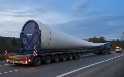 Ogromne łopaty wiatraka Vestas na specjalistycznej naczepie. Ten transport przesyłowy wymaga szczególnej ostrożności.
