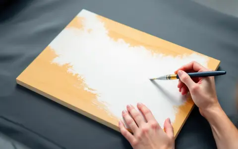 Une main applique une couche de peinture blanche sur une planche de bois. La question est : peut-on vernir par dessus du vernis ?