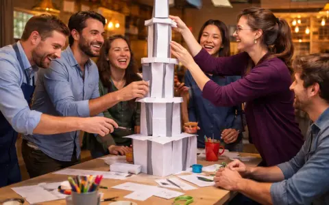 Une équipe s'amuse lors d'une activité séminaire entreprise, construisant une tour en papier. Collaboration et rires garantis !