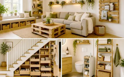 Inspirerande idéer för diy inredning: vardagsrum med pallbord, smart förvaring under trappan och ett stilrent badrum.