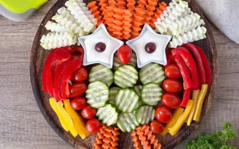 Eine bunte Rohkostplatte für Kinder, gestaltet als lustige Eule mit Sternen als Augen und verschiedenen Gemüsesorten.