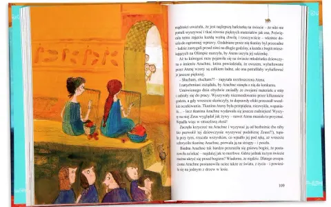 Ilustracja z książki: dwie dziewczynki siedzą przy krosnach, a pod nimi grupa ludzi.