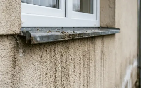 Zacieki na elewacji po deszczu, brudny parapet pod oknem.