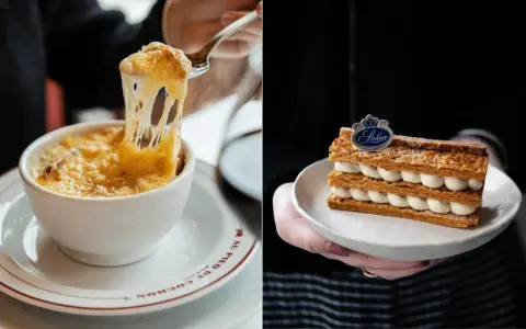 Soupe à l'oignon gratinée et millefeuille, deux spécialités parisiennes emblématiques.