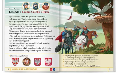 Ilustracja do baśni o Lechu, Czechu i Rusie. Trzej bracia na koniach podziwiają orła na drzewie.
