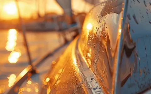 Gouttes d'eau sur le bord d'un voilier, reflétant un coucher de soleil safran.