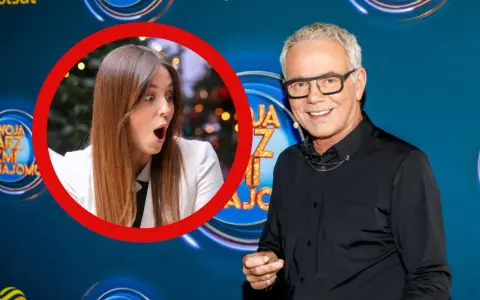 Zaskoczona uczestniczka programu "Jaka to melodia?" i uśmiechnięty prowadzący.
