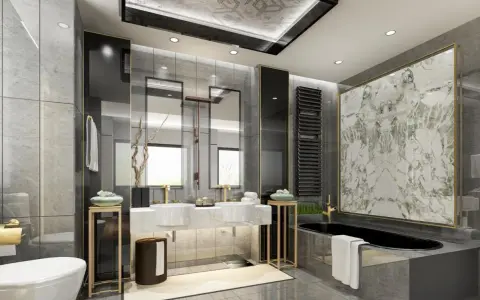 Bagni belli con vasca nera, doppio lavabo e finiture dorate. Un'oasi di lusso e relax.