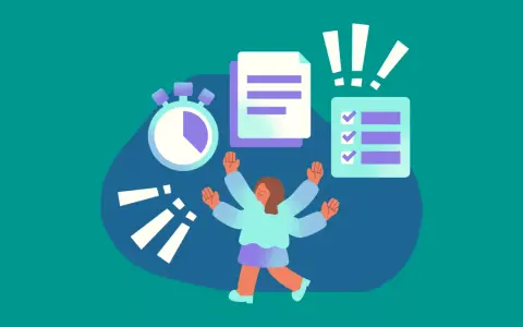 Persona con múltiples brazos, lista para optimizar el tiempo. Cronómetro, documentos y lista de tareas completadas sugieren eficiencia.
